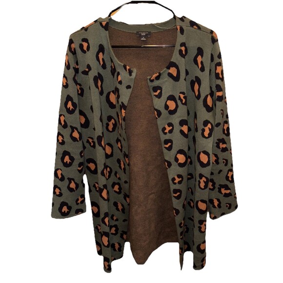 Ann Taylor Open Front Cardigan Green Cheetah Print LP Petite Long Sleeve Stretch - Picture 12 of 12